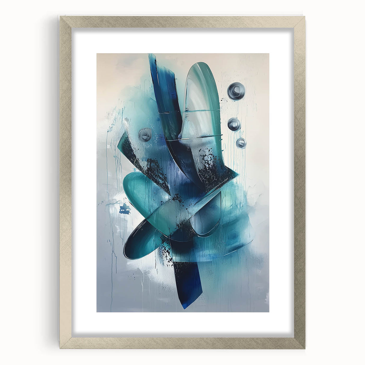 Abstract splatter art frame with a silver mat, showcasing vibrant colors and dynamic shapes, ideal for modern home decor and artistic interior design.
