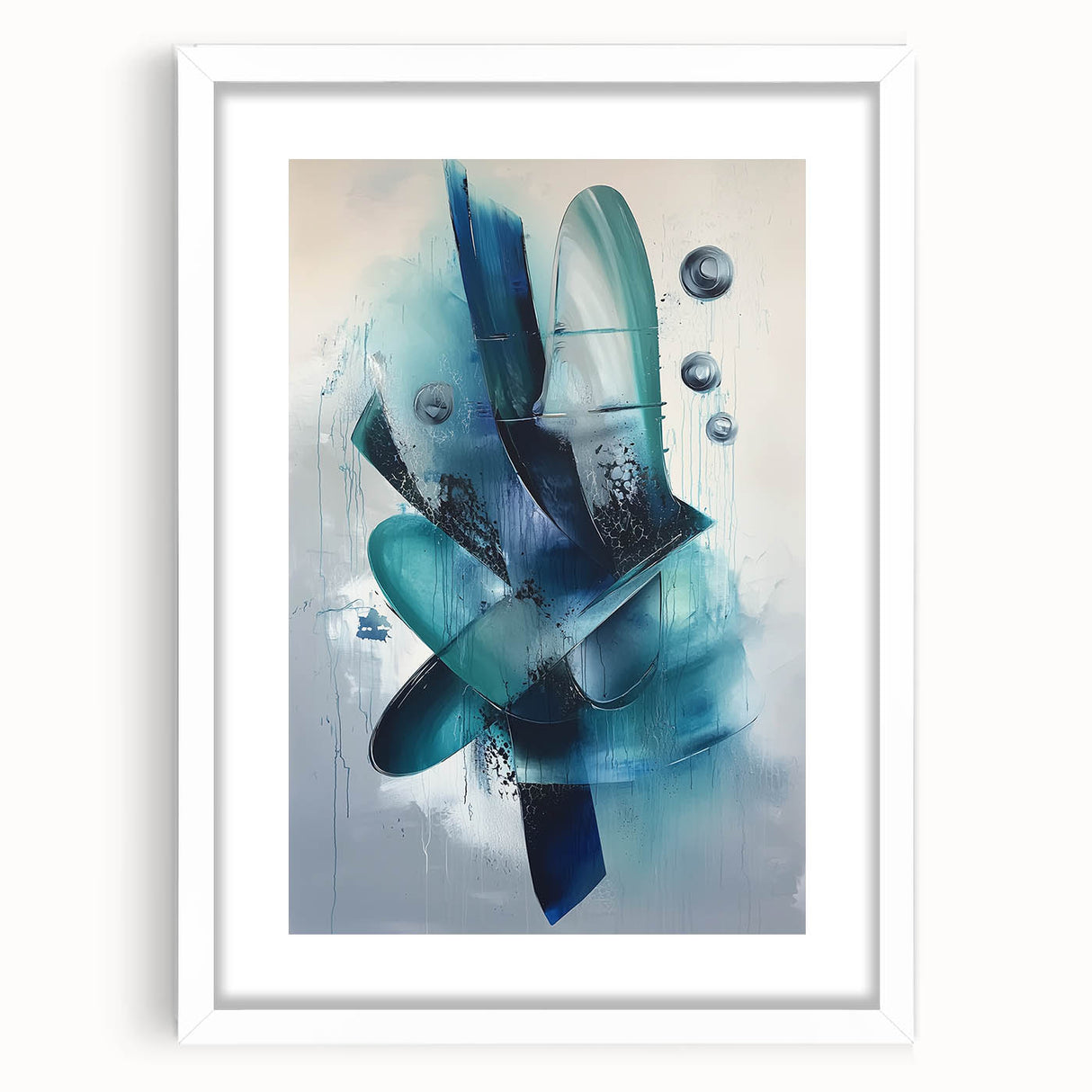 Abstract splatter frame design in white, featuring colorful paint splashes and a mat for an artistic touch, perfect for modern home decor and gallery displays.