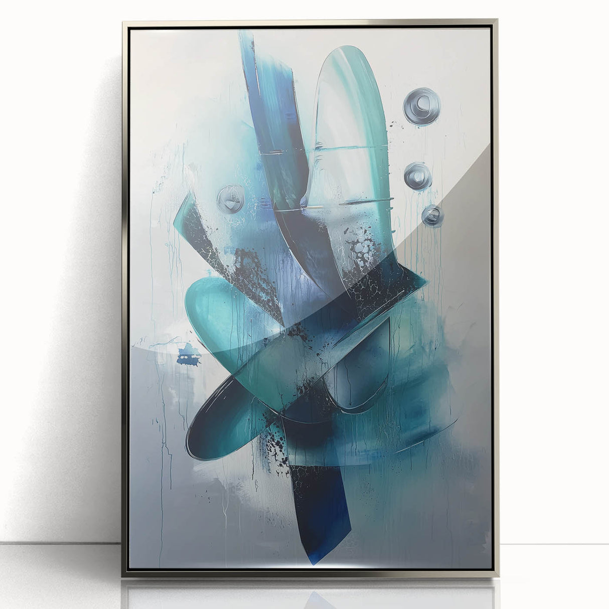 Framed abstract acrylic art piece showcasing vibrant silver splatters on a textured background, perfect for modern home decor or office styling.