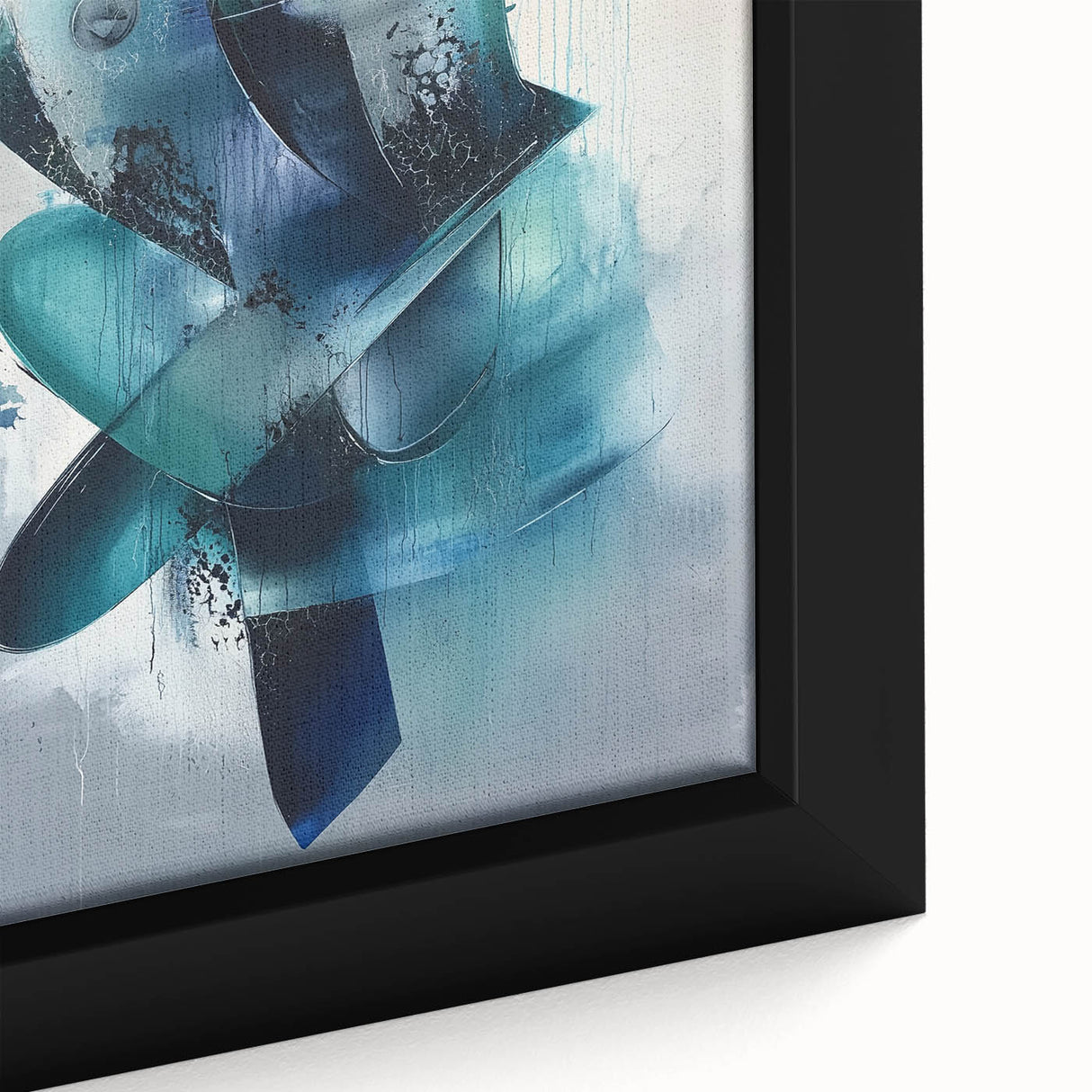 Close-up of a framed canvas artwork displaying vibrant abstract splatters in shades of blue, yellow, and red, ideal for modern home decor.