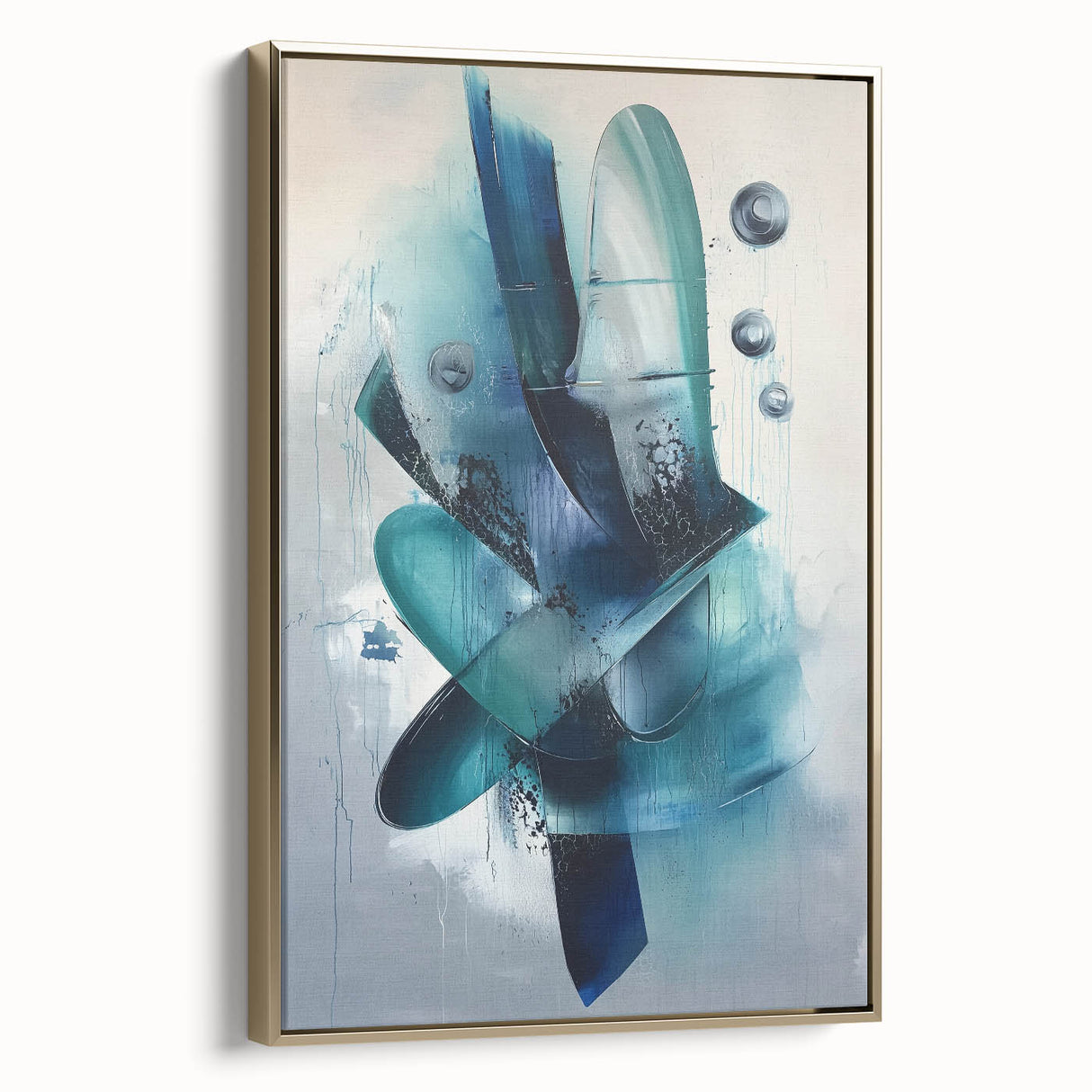 Framed canvas artwork showcasing abstract gold splatters on a textured surface, viewed from the side to highlight its modern design and luxurious appeal. Ideal for contemporary decor.