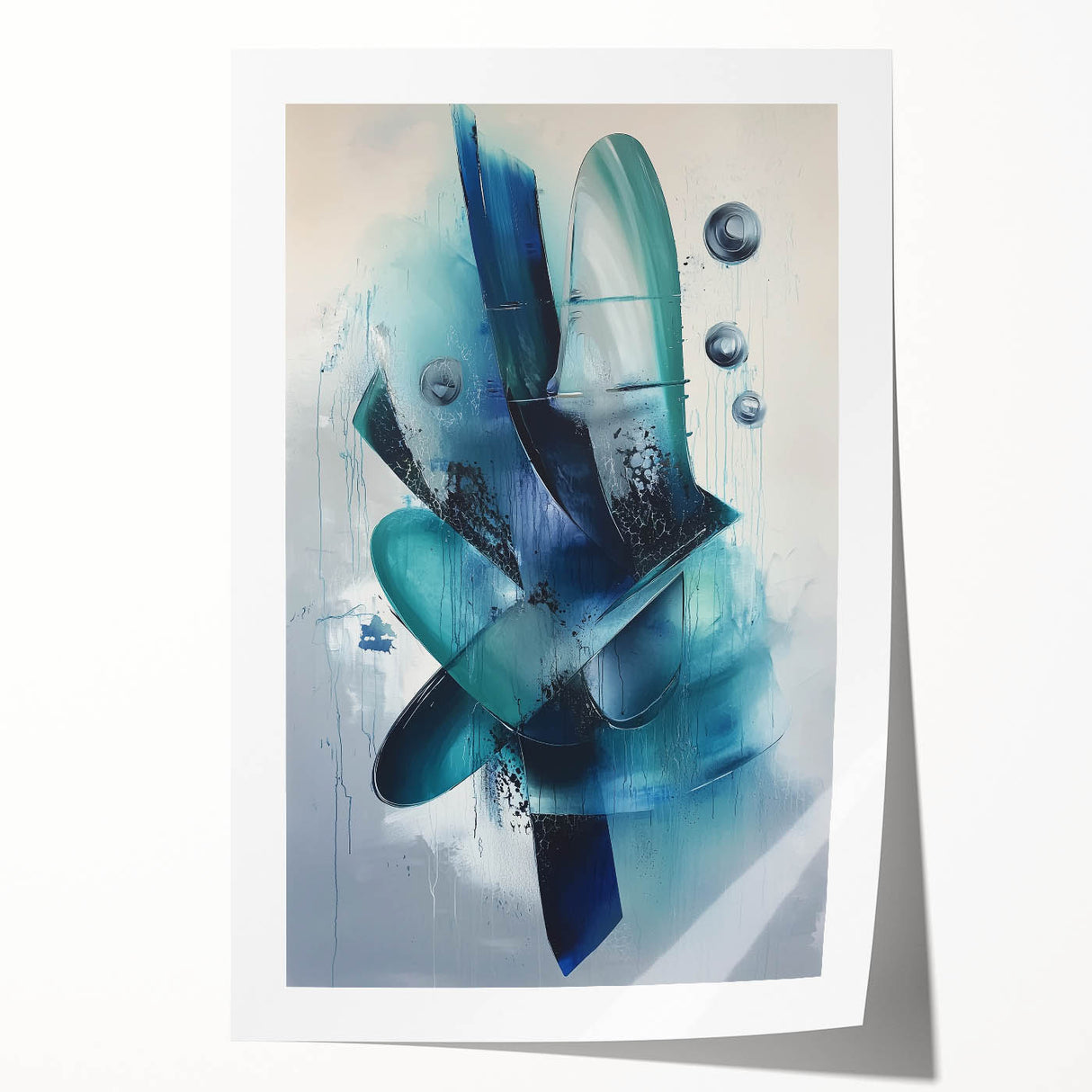 Abstract splatter art print showcasing vibrant colors and dynamic patterns, rolled and ready for display, ideal for modern home decor and artistic spaces.