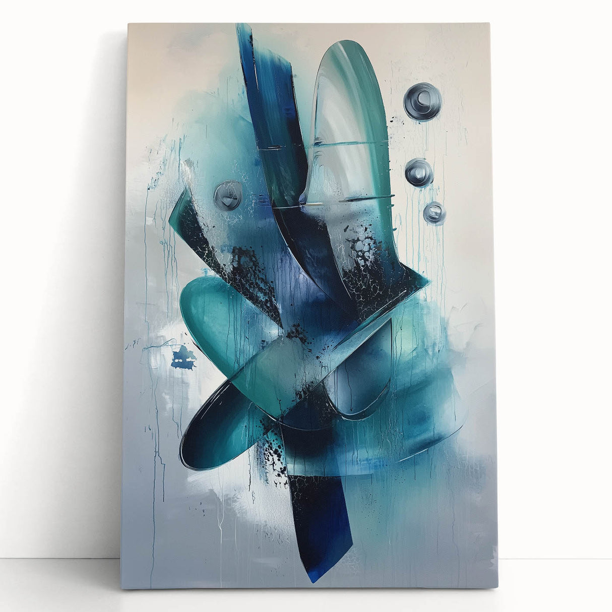 Abstract splatter art canvas print showcasing vibrant colors like blue, orange, and yellow. Perfect for modern home decor, adding a dynamic touch to any room.