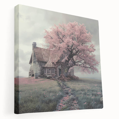 Large art depicting a row of colorful cottages in a realistic style on stretched canvas, suitable for kitchen wall decor.