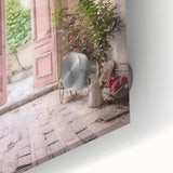 Mid-century modernist acrylic print depicting large abstract shapes in earth tones, suitable for dining room art.