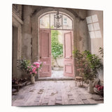 Side view of a large abstract wall art depicting a vintage French door design on acrylic glass.