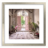 Textured art depicting an abstract French door design in muted silver and gray tones, presented in a silver frame with mat.