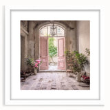 Abstract art print of a stylized French door, muted gray and pastel blue, framed with white mat.