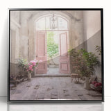 Large abstract wall art featuring a mid-century modernist door design in black and white on a framed acrylic print.