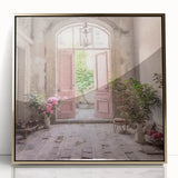 Mid-century modernist acrylic print of a French door in gold tones, suitable for modern art wall decor.
