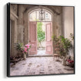 Black and white vintage poster art of a French door, framed canvas ideal for bedroom wall decor.