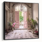 Black and white vintage poster art of a French door, framed canvas ideal for bedroom wall decor.