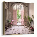 Vintage poster art of a French door architecture in silver and gold tones on framed canvas, suitable for bedroom wall decor.
