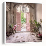 Vintage poster art of a classic French door, framed canvas in black and colorful tones, ideal for living room decor.