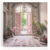Black and white photograph of a French door architecture on stretched canvas, ideal for kitchen wall art.