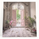 Black and white photograph of a French door architecture on stretched canvas, suitable as kitchen wall art or bedroom decor.