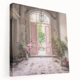 Side view of a large stretched canvas featuring a French door design in muted earth tones, ideal for kitchen wall art.