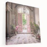 Side view of a large stretched canvas featuring a French door design in muted earth tones, ideal for kitchen wall art.