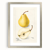 Textured abstract art print featuring assorted fruits in muted earth tones, framed in silver, ideal for kitchen wall art.
