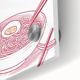 Large abstract wall art featuring bold geometric shapes in orange and blue on acrylic glass, suitable for dining room decor.