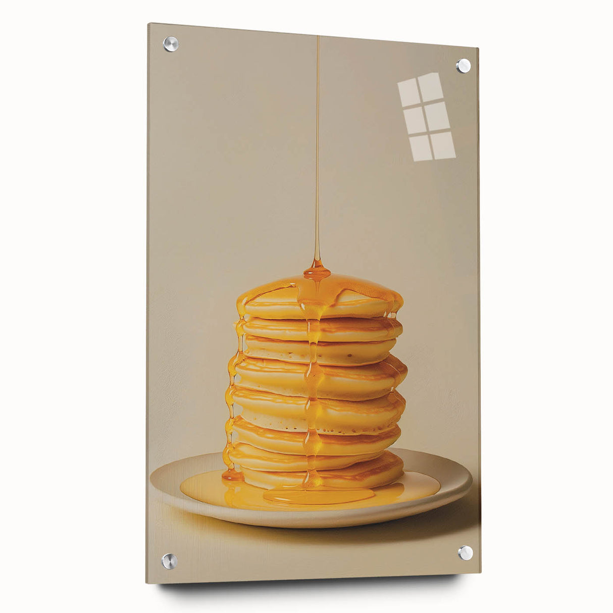Large abstract wall art of assorted pastries in vibrant colors on acrylic glass, ideal for dining room decor.