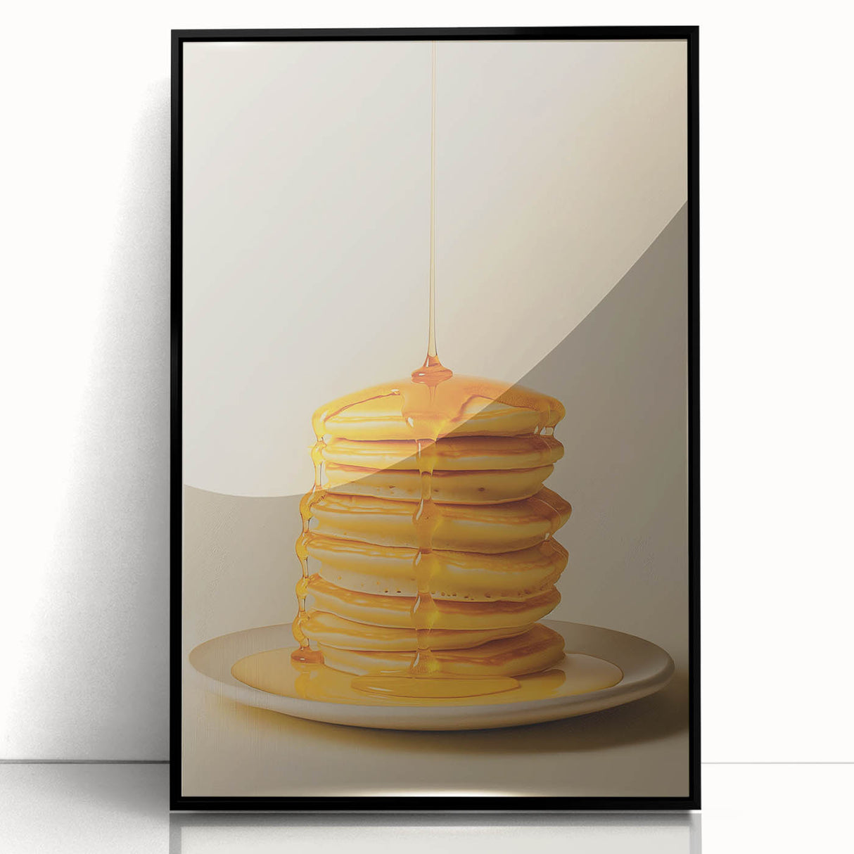 Large abstract wall art featuring assorted pastries in muted earth tones, framed in black acrylic.