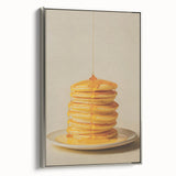 Landscape art painting of colorful pastries on a black background, framed in silver, ideal for kitchen decor.