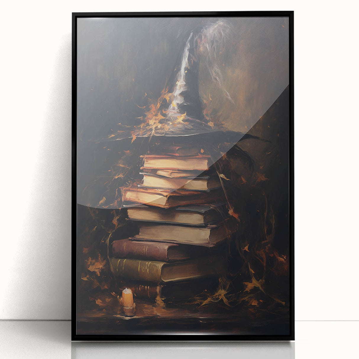 Witch’s Hat and Books Halloween Wall Art - Gothic Oil Painting