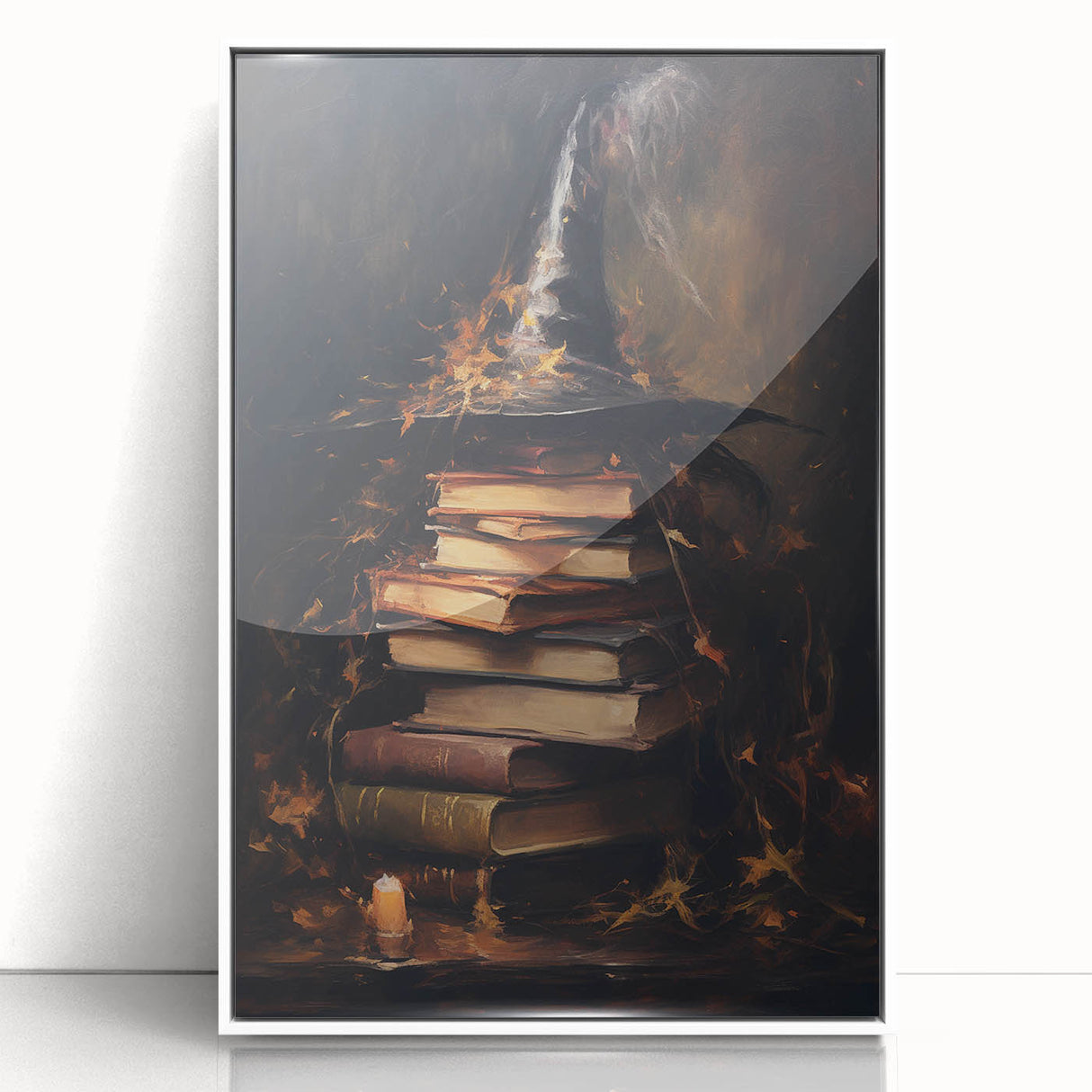 Witch’s Hat and Books Halloween Wall Art - Gothic Oil Painting