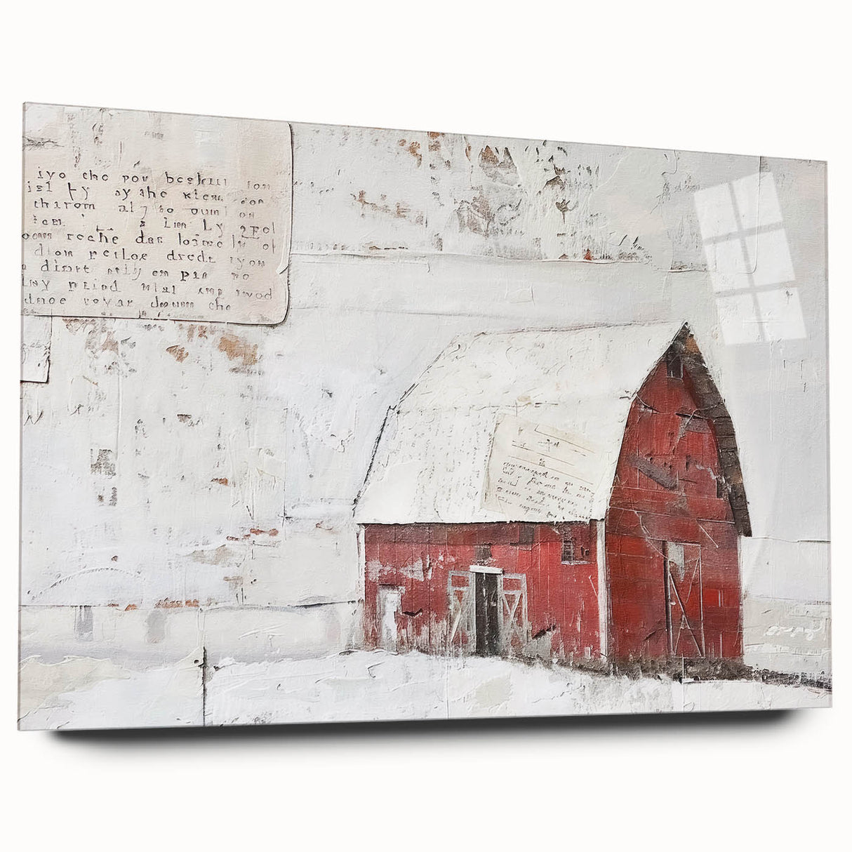 Acrylic wall art showcasing a scenic landscape of a rustic barn, displayed from a side view. The artwork features vibrant colors and intricate details, perfect for enhancing home decor.