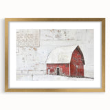 Framed landscape barn wall art with a gold mat, showcasing a rustic scene that enhances home decor. Perfect for country-themed interiors or farmhouse aesthetics.
