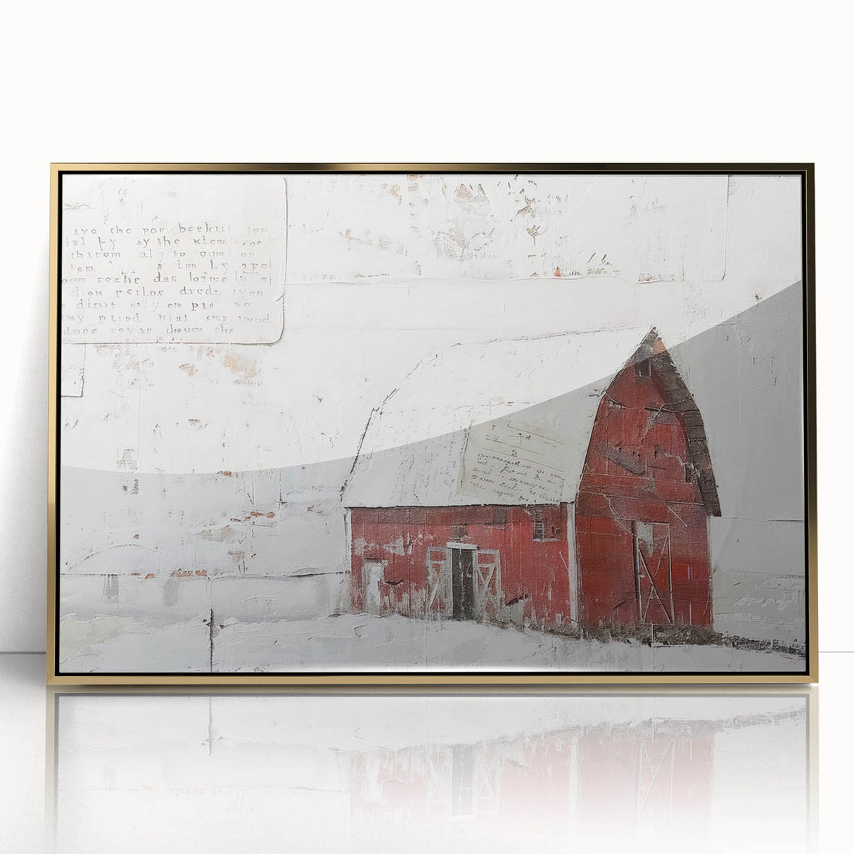 Framed acrylic wall art featuring a serene landscape with a rustic barn, highlighted by gold accents, ideal for enhancing home decor with a touch of elegance.