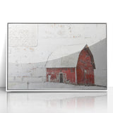 Framed acrylic wall art depicting a serene landscape featuring a rustic barn, set against a vibrant sunset backdrop, showcasing rich colors and textures. Ideal for enhancing home decor with a countryside charm.