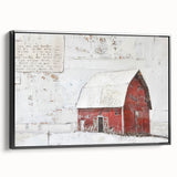 Framed landscape barn wall art showcasing a rustic scene with vibrant colors, a black frame, and a side view highlighting its elegant design, ideal for home decor.