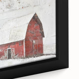 Close-up of a framed landscape barn wall art piece showcasing rustic charm, featuring warm earthy tones and intricate details that enhance home decor aesthetics.