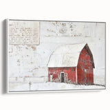 Framed landscape barn wall art in a modern white frame showcases a serene countryside scene with vibrant colors, adding rustic charm to home decor.