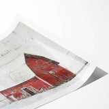 Landscape barn wall art print showcasing a rustic red barn surrounded by lush green fields under a bright blue sky, rolled for easy shipping and display.