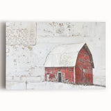 Stretched canvas wall art showcasing a serene landscape scene with a rustic barn, vibrant green fields, and a clear blue sky, perfect for farmhouse decor.