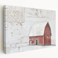 Stretched canvas wall art showcasing a serene landscape with a rustic barn, highlighting earthy tones and intricate details, perfect for enhancing home decor.