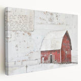 Stretched canvas wall art showcasing a serene landscape with a rustic barn, highlighting earthy tones and intricate details, perfect for enhancing home decor.