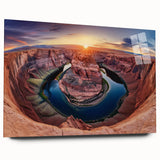 Acrylic landscape artwork depicting vibrant canyons in rich hues of orange and blue, showcased from a side view, perfect for modern home decor. Ideal for art enthusiasts looking to enhance interior spaces with colorful nature scenes.