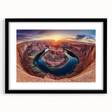 Landscape art print showcasing dramatic canyons framed in black with a mat, ideal for modern home decor, emphasizing natural beauty and artistry.