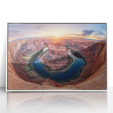 Framed acrylic landscape art depicting vibrant canyons in earthy tones, showcased in a sleek white frame, ideal for modern home decor and nature lovers.