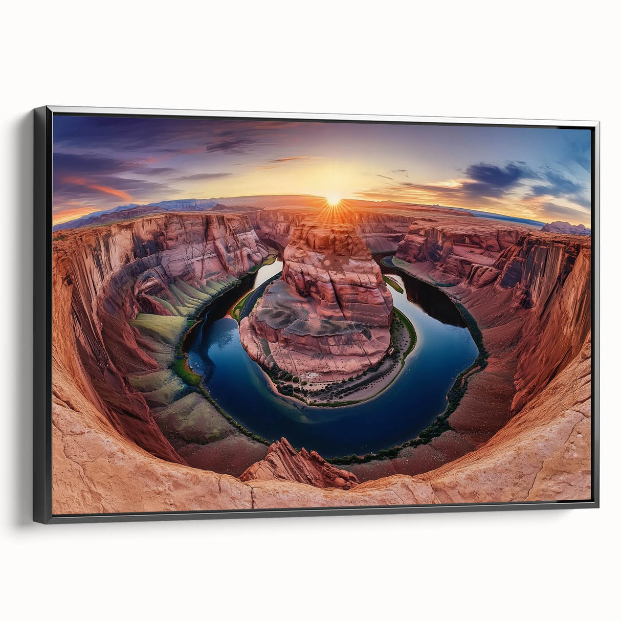 Framed landscape canvas depicting a vibrant canyon scene in rich earthy tones, featuring a sleek black frame, perfect for modern home decor.