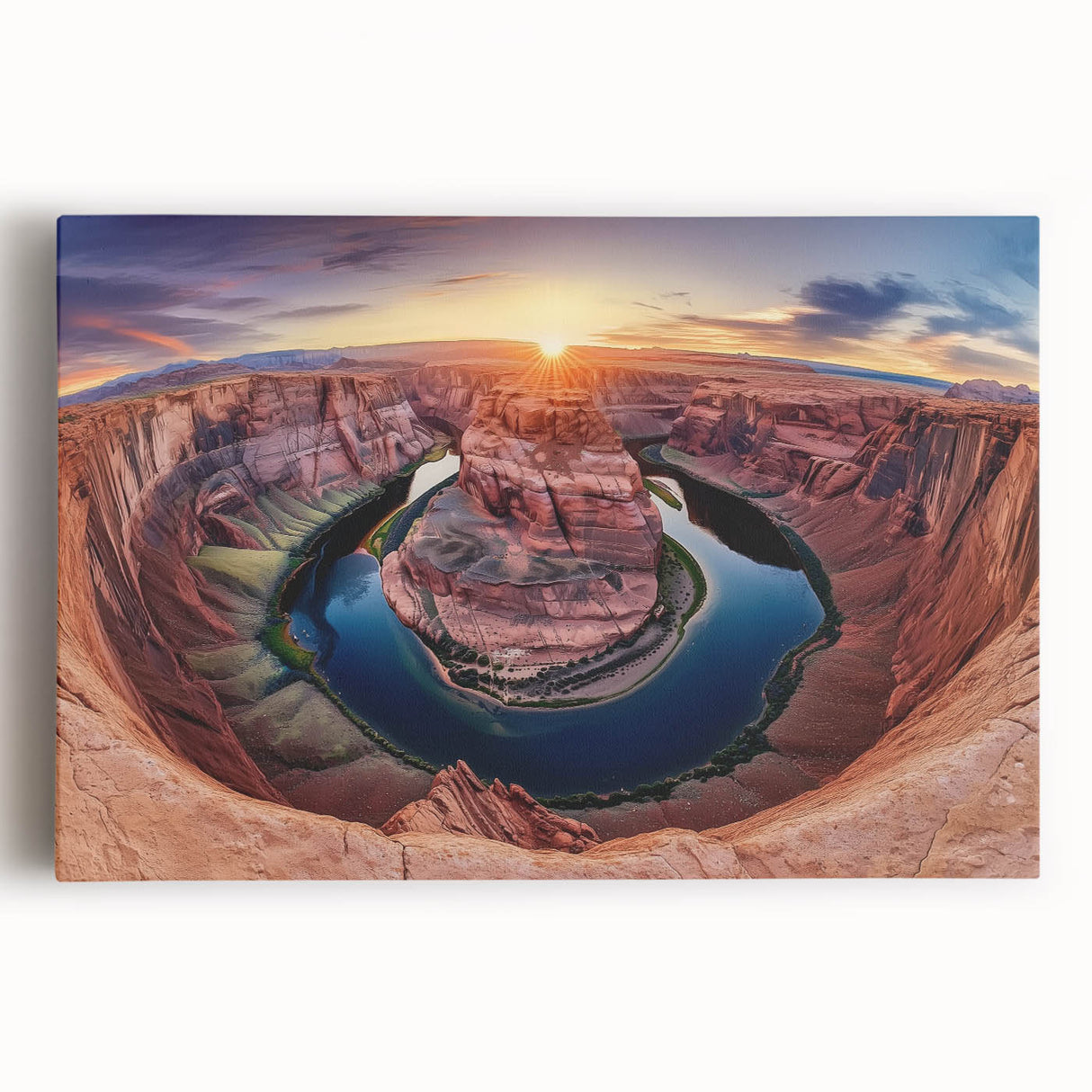 Stretched canvas artwork depicting a vibrant landscape of canyons with rich textures and warm earthy tones, perfect for enhancing interior decor and artistic ambiance.