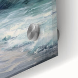 Close-up of a colorful acrylic landscape design on glass, showcasing vibrant hues and intricate details, perfect for modern home decor and artistic displays.