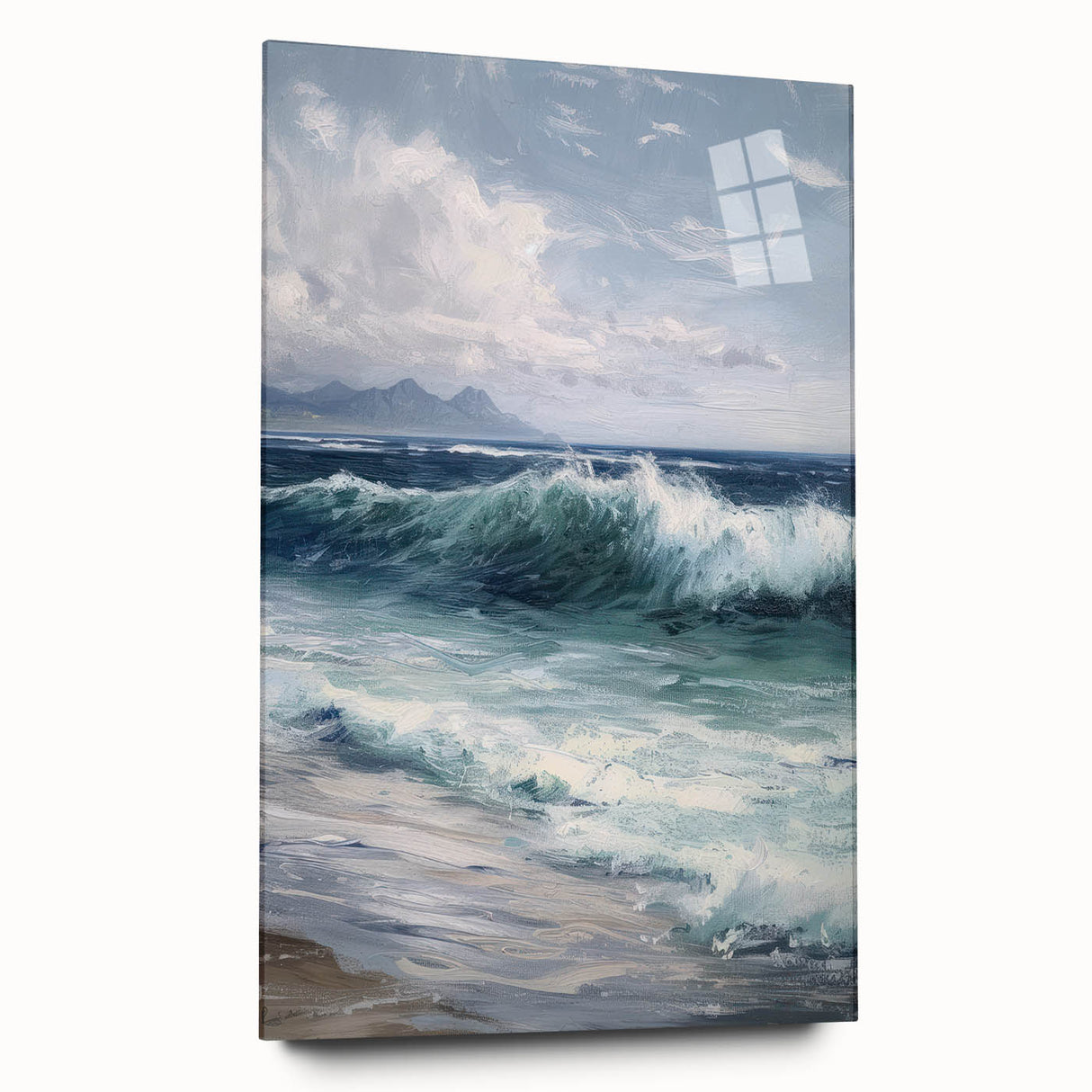Acrylic glass landscape art piece showcasing vibrant colors and intricate details, displayed in a side view without pins, perfect for modern home decor.