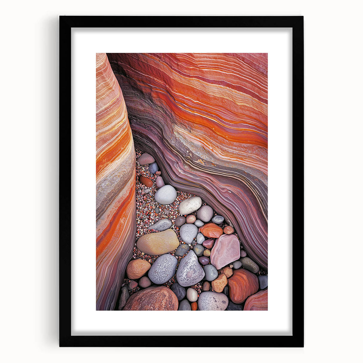 Desert landscape framed artwork with a black mat, showcasing warm hues of sand and sky, ideal for modern home decor and art enthusiasts.