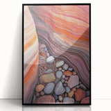 Framed acrylic artwork depicting a stunning desert landscape, showcasing vibrant colors and intricate details, presented in a sleek black frame, ideal for modern decor.