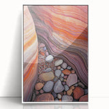 Framed acrylic artwork showcasing a stunning desert landscape with vibrant colors and intricate details, set in a sleek white frame for modern decor.